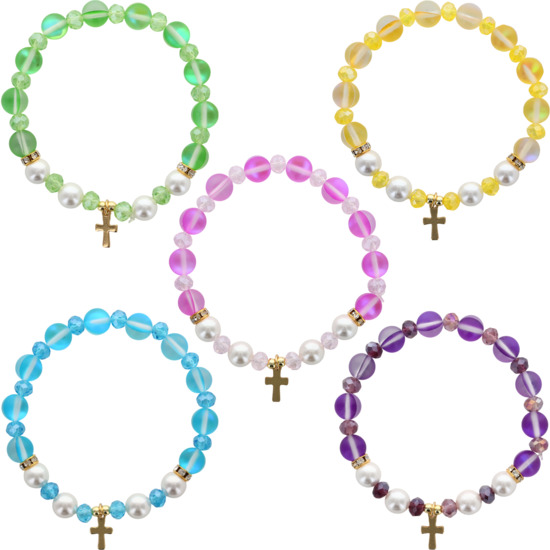 Bracelet sur élastique, en pierre de lune synthétique Ø 8 mm et de coquille naturelle, avec croix en acier inoxydable, LOT DE 5 COULEURS ASSORTIS.