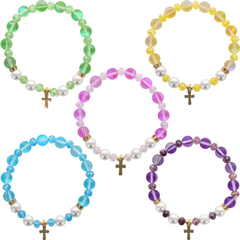 Bracelet sur élastique, en pierre de lune synthétique Ø 8 mm et de coquille naturelle, avec croix en acier inoxydable, LOT DE 5 COULEURS ASSORTIS.