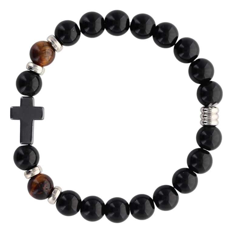 Bracelet sur élastique grains en onyx noir synthétique et grains oeil de tigre naturel Ø 8 mm avec croix en hématite.