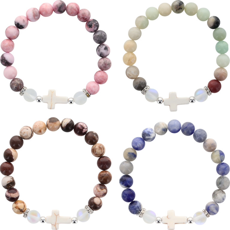 Bracelet sur élastique grains en pierre naturelle et synthétique Ø 9 mm avec croix. LOT DE 4 COULEURS ASSORTIS.