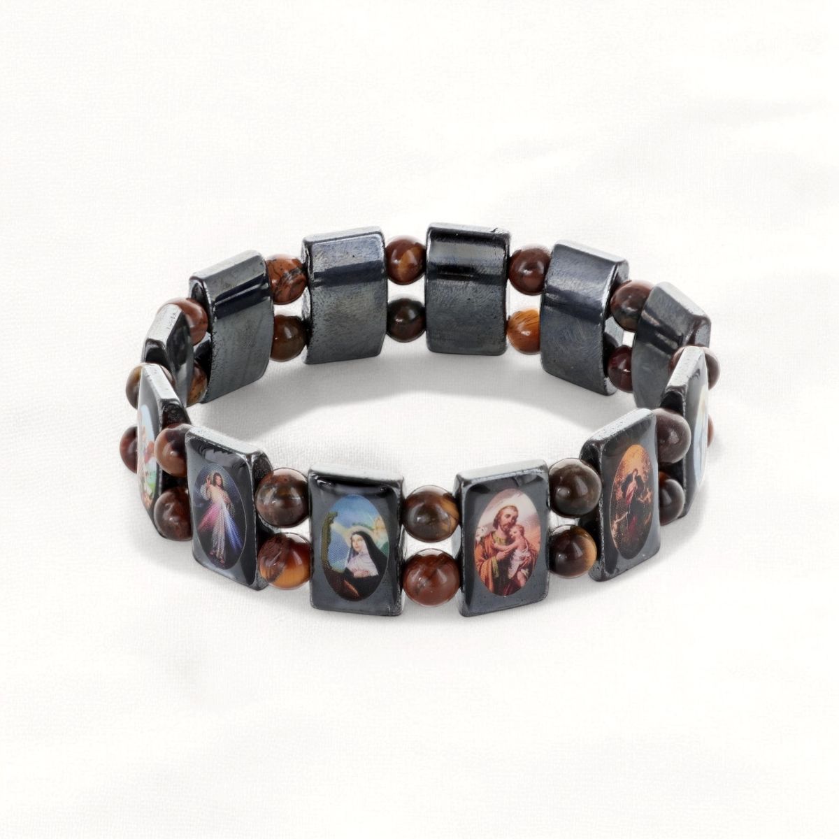 Bracelet sur élastique des saints images vernies grains? hématite forme rectangle et grains rond oeil de tigre H. 1,8 cm