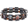 Bracelet sur élastique des saints images vernies grains? hématite forme rectangle et grains rond oeil de tigre H. 1,8 cm